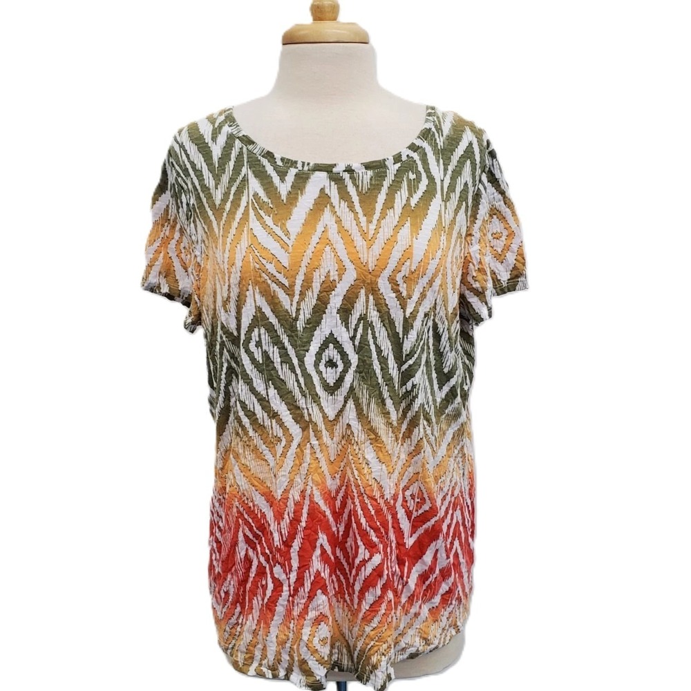 Chico's Zenergy Multicolor Ikat Ombre Textured Top Womens M Short Sleeve